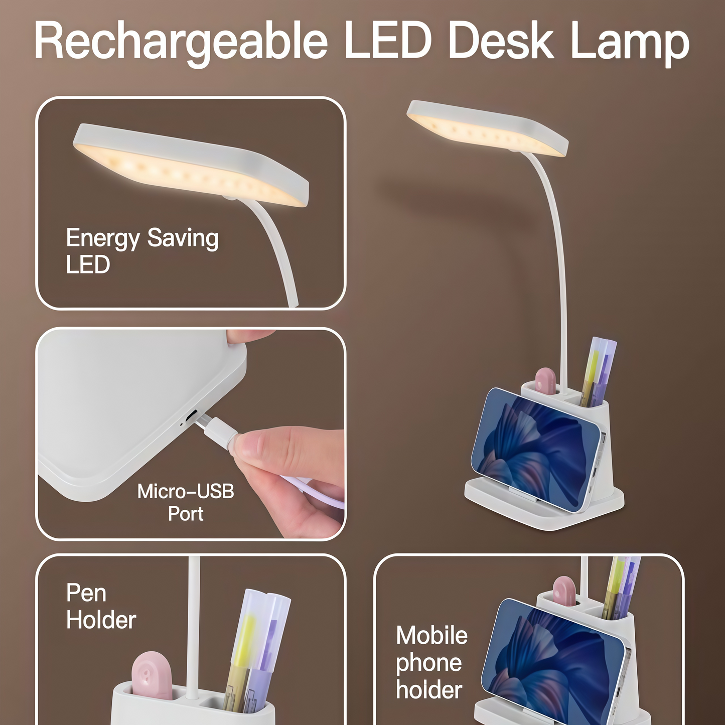 Zakaai⢠Smart LED Study Lamp with Pen Holder & Mobile Stand | Eye-Care Light for Students